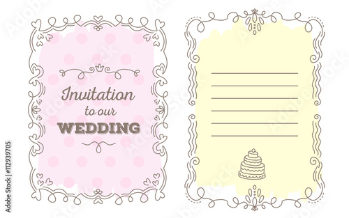 Vector template of wedding invitation with lace frame with inscr