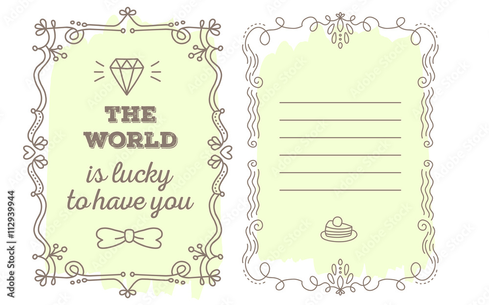 Vector template of greeting card with lace frame, wish inscripti