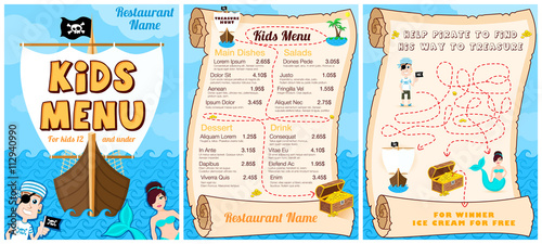 Cute colorful kids meal menu with pirates, game, mermaid. Vector template