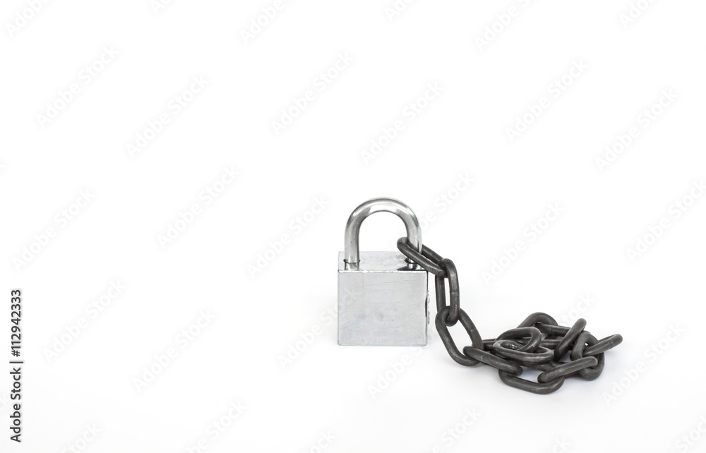 Old lock and old chain on white background.(Soft focus.) Old lock and old chain on white background.(Soft focus.)