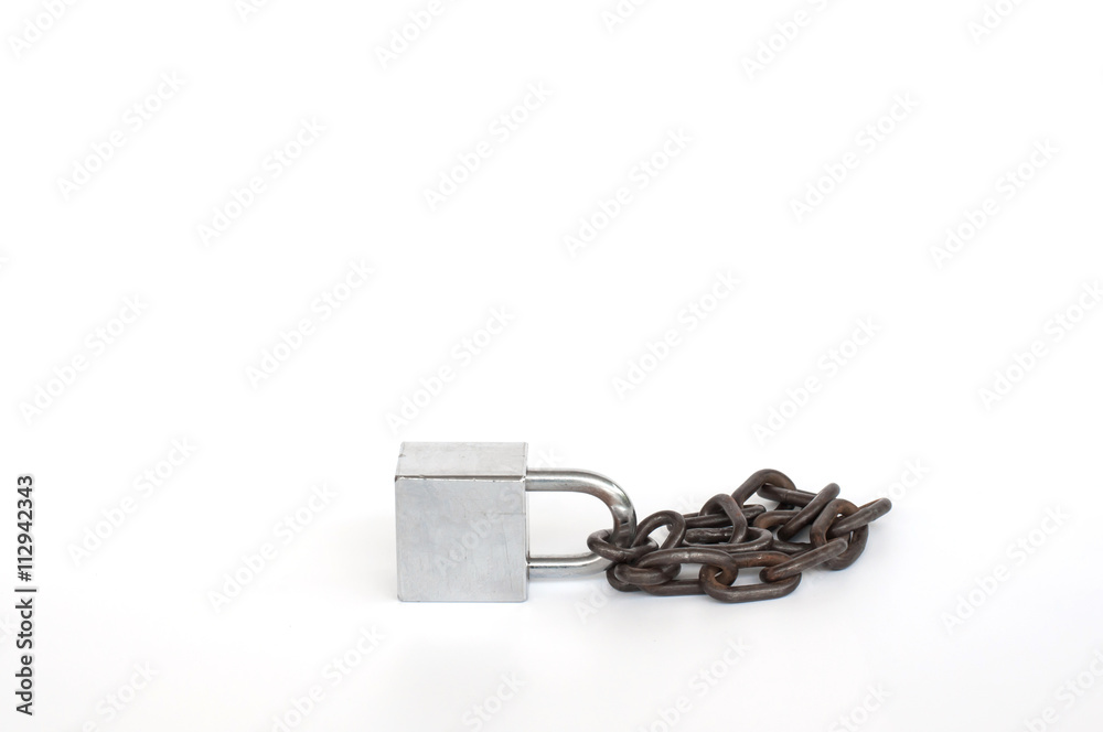 Old lock and old chain on white background.(Soft focus.)