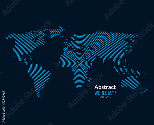 3d abstract world map planet, lines, global radial halftone concept.