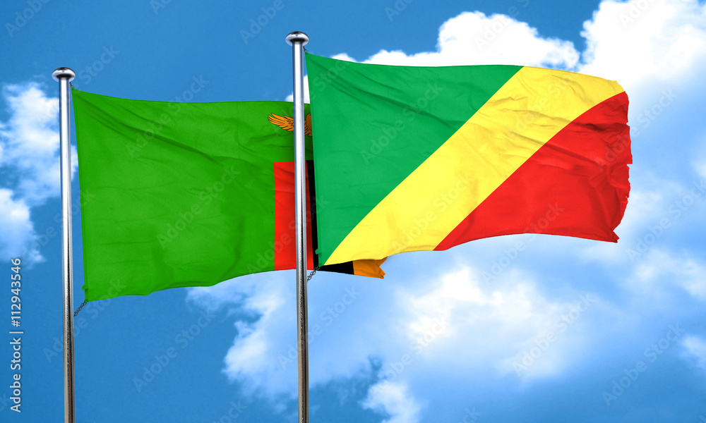 Zambia flag with congo flag, 3D rendering Zambia flag with congo flag, 3D rendering