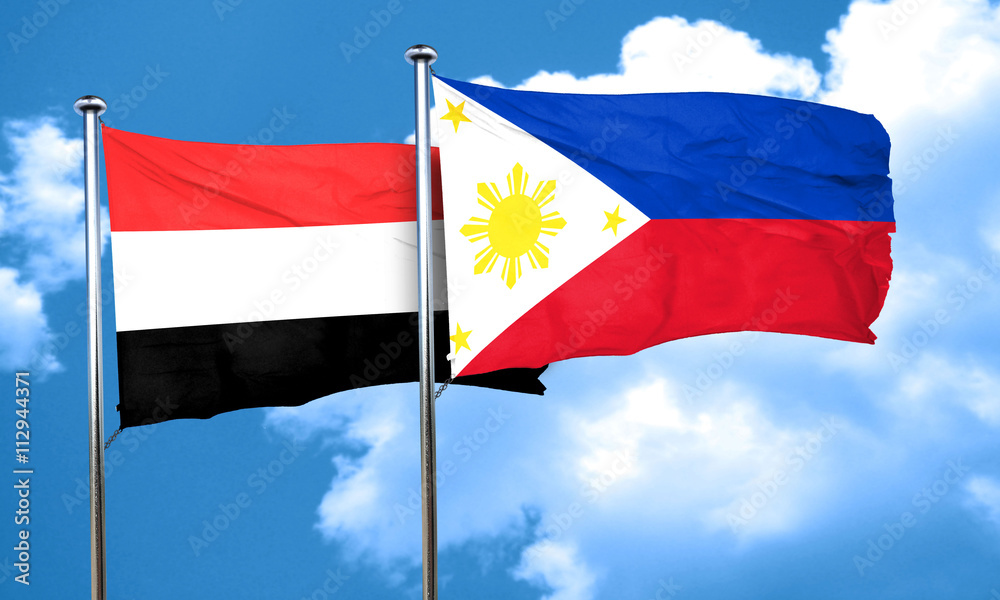 Yemen flag with Philippines flag, 3D rendering Yemen flag with Philippines flag, 3D rendering
