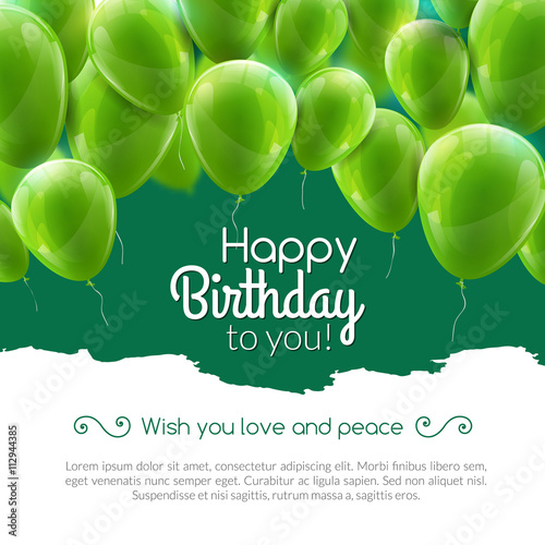 Vector happy birthday card with green balloons, party invitation.