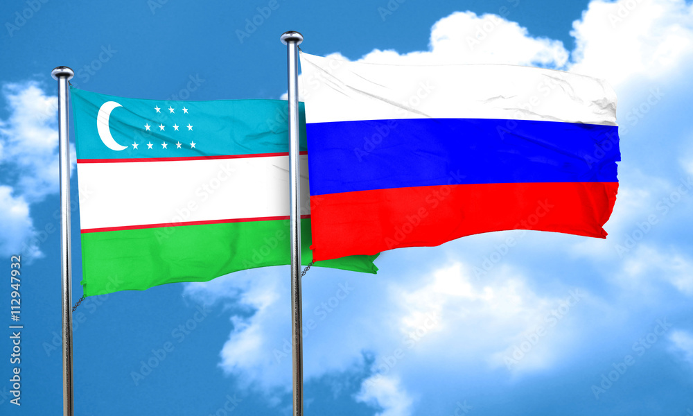 Uzbekistan flag with Russia flag, 3D rendering Uzbekistan flag with Russia flag, 3D rendering