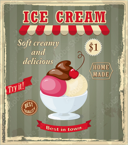 vintage banner with scoop cherry ice cream