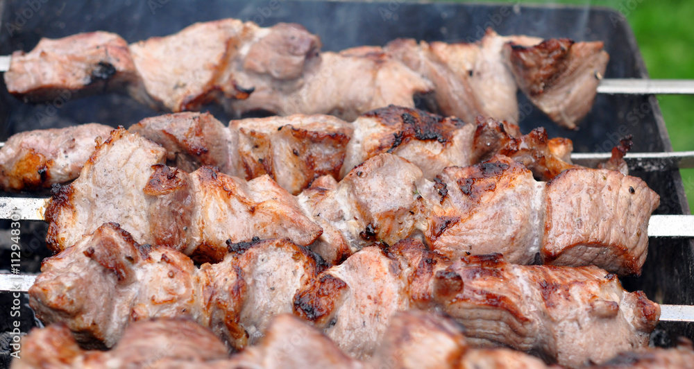 Barbecue Beef Kebabs On The Hot Grill In Nature Outdoor Barbecue Beef Kebabs On The Hot Grill In Nature Outdoor