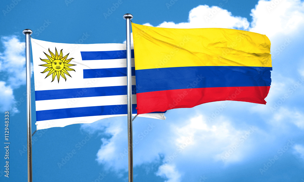 Fototapeta premium Uruguay flag with Colombia flag, 3D rendering