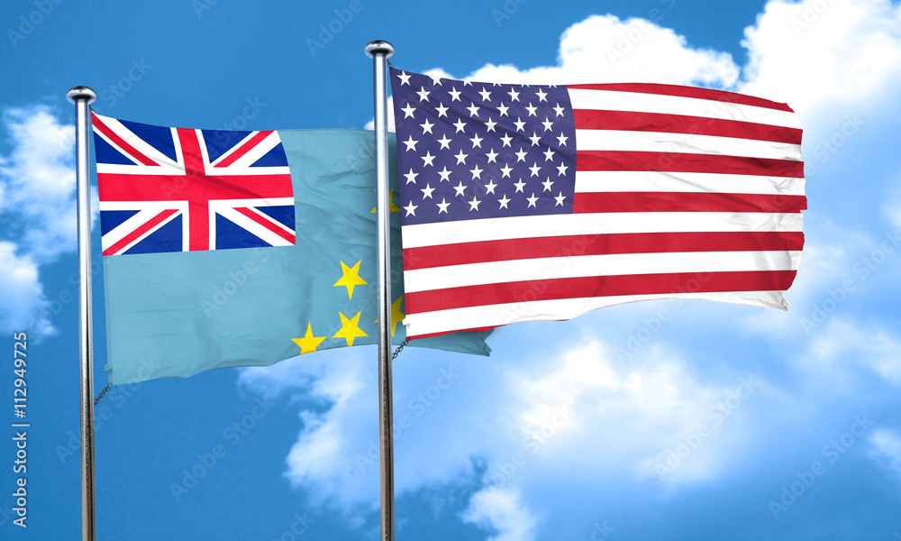 Tuvalu flag with American flag, 3D rendering Tuvalu flag with American flag, 3D rendering