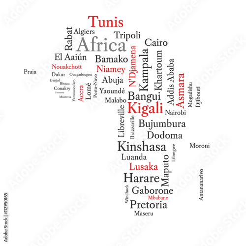 Word cloud in a shape of continent contains all African capitals. Conceptual African map in black and red font isolated on white. Vector illustration.