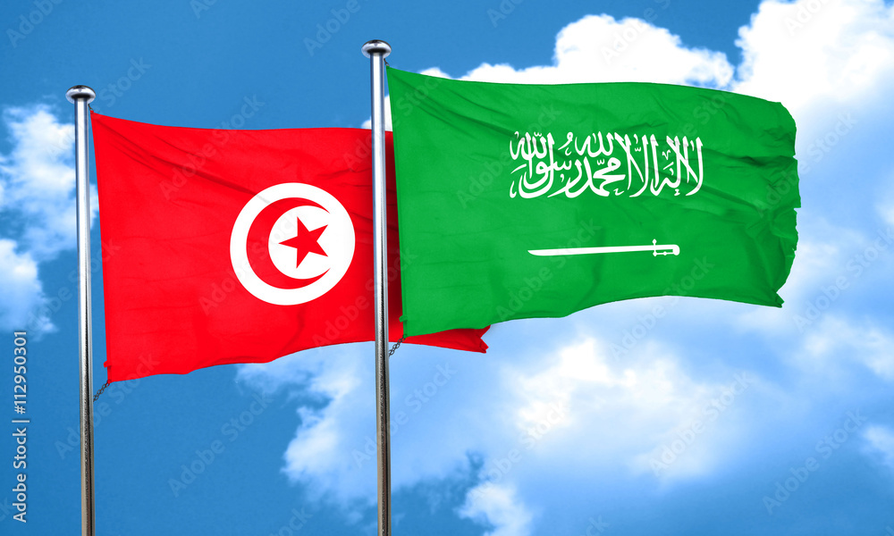 Tunesia flag with Saudi Arabia flag, 3D rendering