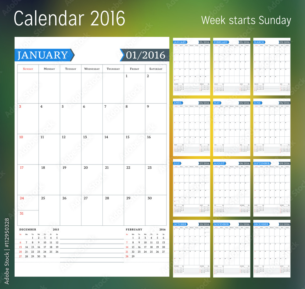 Calendar for 2016 year. Planner template. Vector design print template. Week starts Sunday. Set of 12 calendar pages. Stationery design