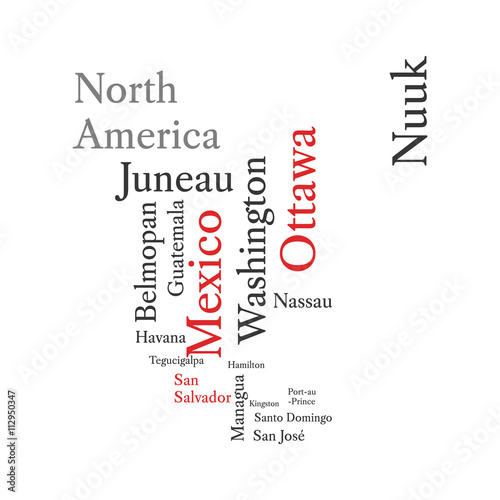 Word cloud in a shape of continent contains all North American capitals. Conceptual North American map in black and red font isolated on white. Vector illustration.