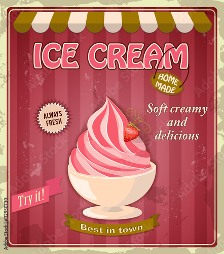vintage banner with strawberry ice cream