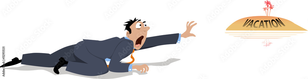 An exhausted cartoon businessman crawling to a mirage of a vacation, EPS 8 vector illustration, no transparencies