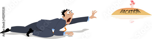 An exhausted cartoon businessman crawling to a mirage of a vacation, EPS 8 vector illustration, no transparencies