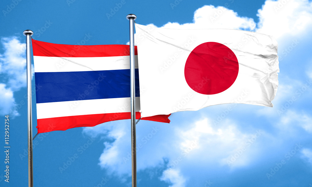 Naklejka premium Thailand flag with Japan flag, 3D rendering
