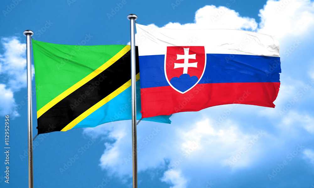 Tanzanian flag with Slovakia flag, 3D rendering Tanzanian flag with Slovakia flag, 3D rendering