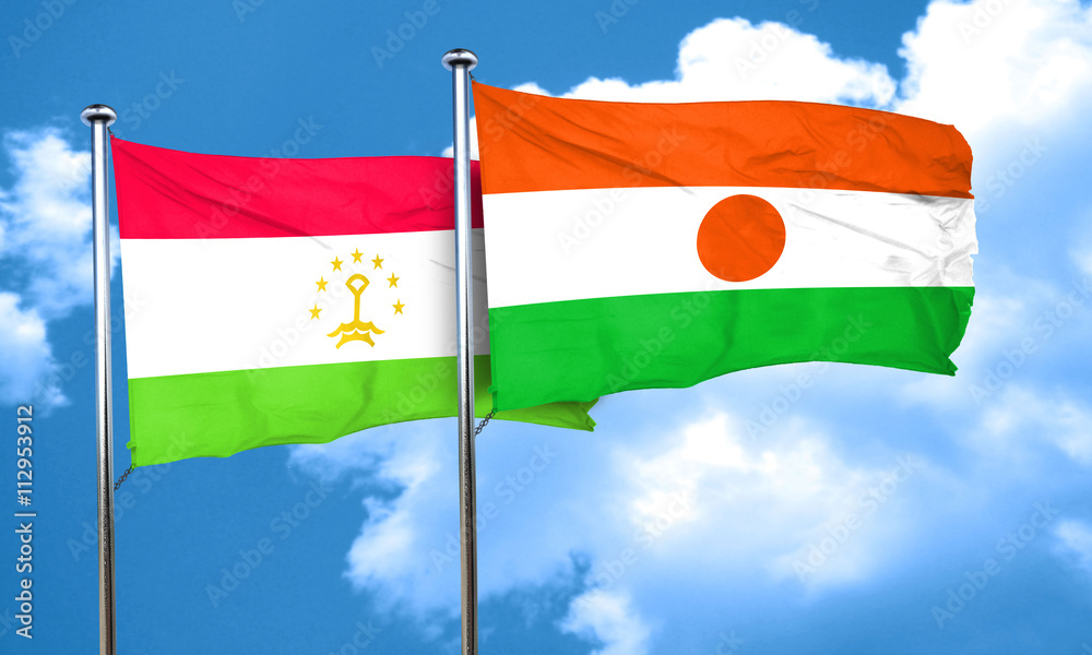 Tajikistan flag with Niger flag, 3D rendering Tajikistan flag with Niger flag, 3D rendering