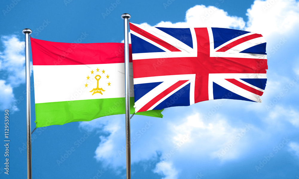 Tajikistan flag with Great Britain flag, 3D rendering