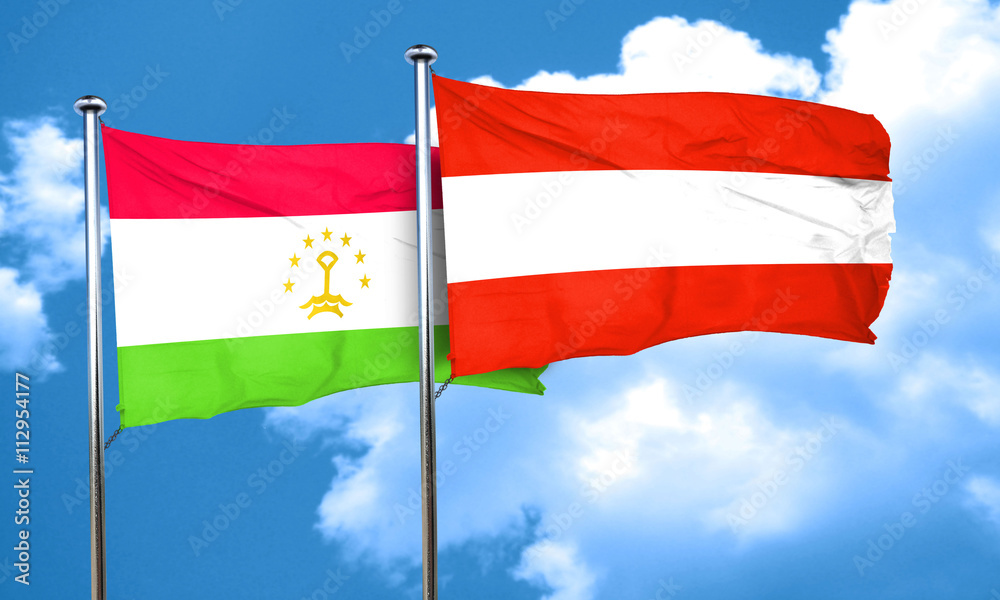 Tajikistan flag with Austria flag, 3D rendering Tajikistan flag with Austria flag, 3D rendering