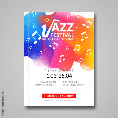 Vector musical poster design. Watercolor stain background. Jazz, rock style billboard template for card, brochure, banner.