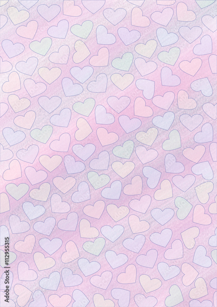 Drawn watercolor background with hearts.Template for letter or greeting card. A4 size format. Series of Watercolor, Pastel, Backgrounds and Cards,Blanks,Templates..