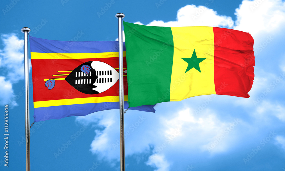 Swaziland flag with Senegal flag, 3D rendering Swaziland flag with Senegal flag, 3D rendering