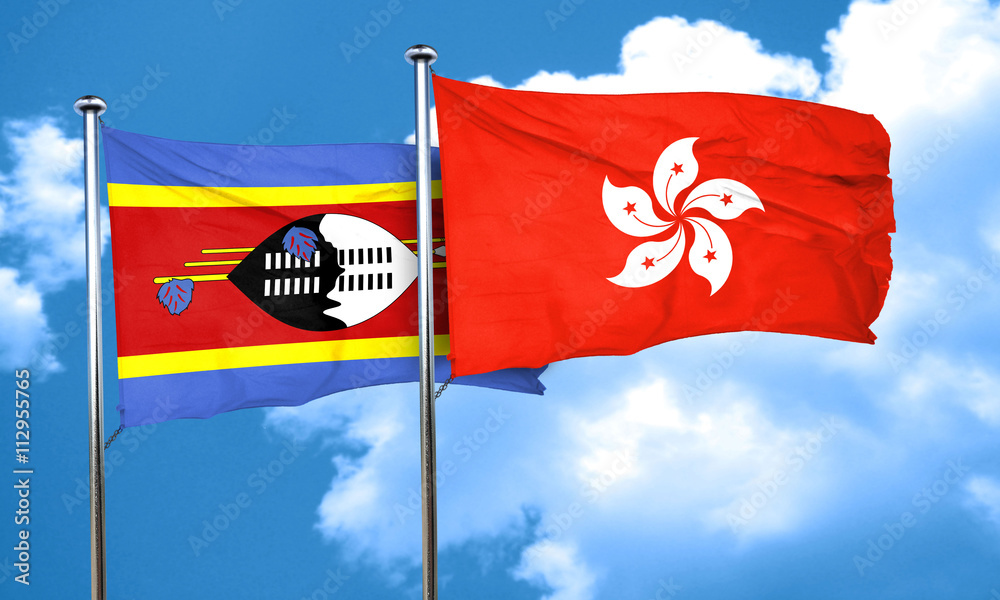 Swaziland flag with Hong Kong flag, 3D rendering Swaziland flag with Hong Kong flag, 3D rendering