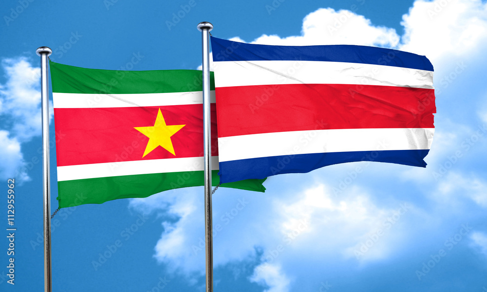 Suriname flag with Costa Rica flag, 3D rendering Suriname flag with Costa Rica flag, 3D rendering