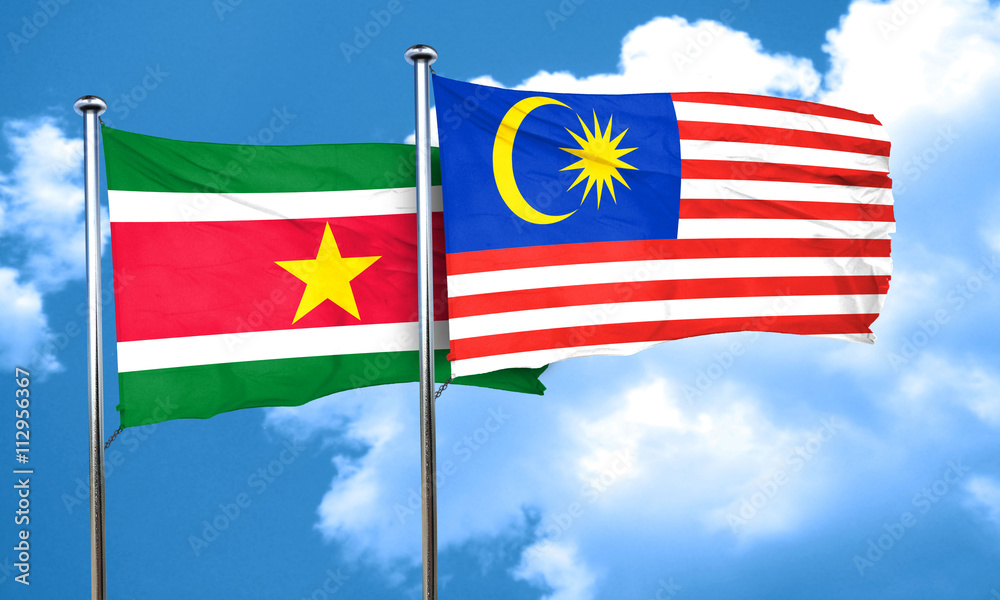 Suriname flag with Malaysia flag, 3D rendering Suriname flag with Malaysia flag, 3D rendering