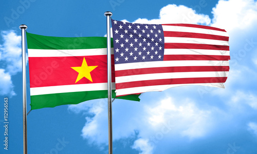 Suriname flag with American flag  3D rendering