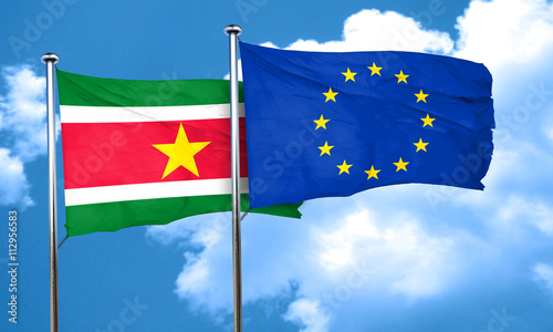 Suriname flag with european union flag, 3D rendering