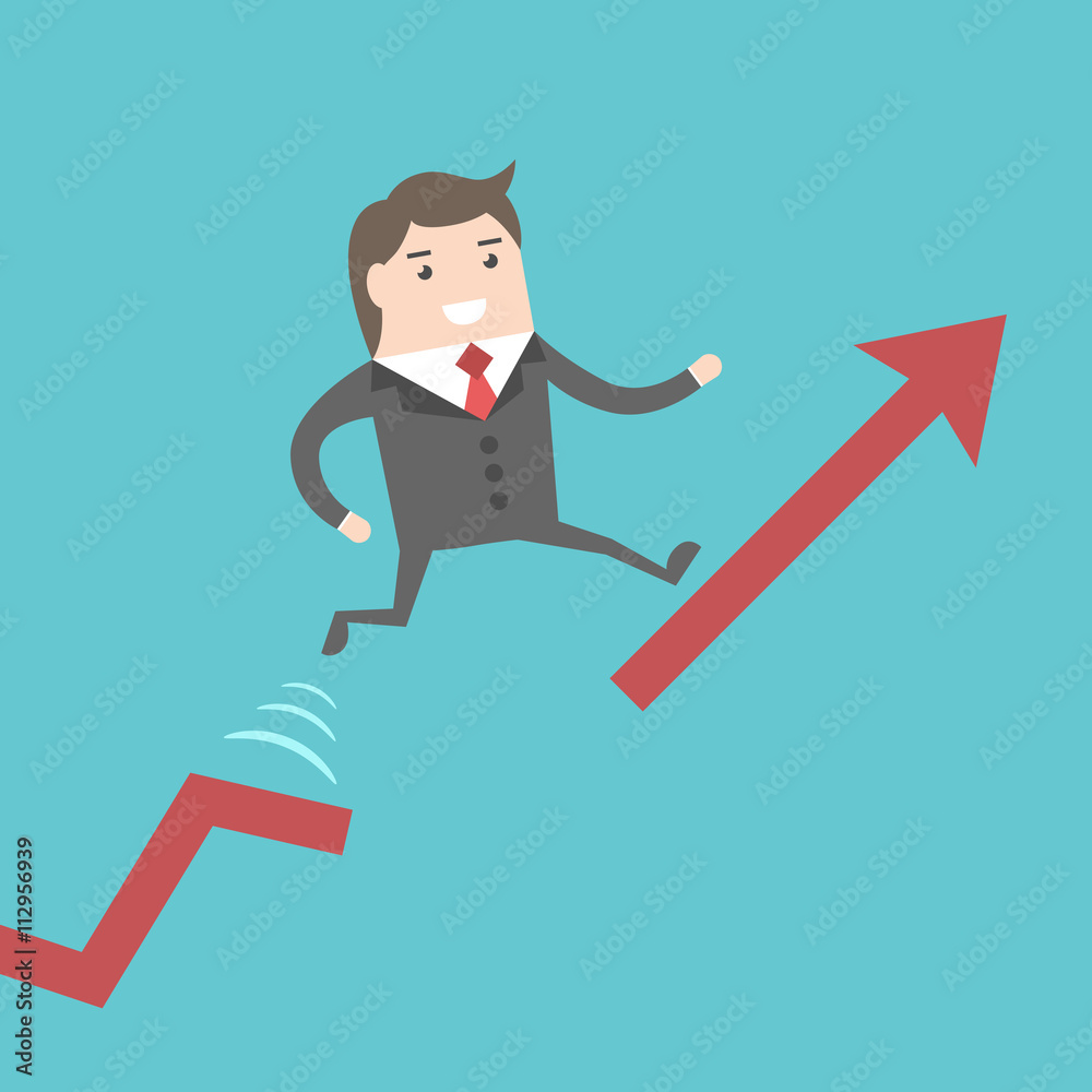Businessman running up chart Businessman running up chart