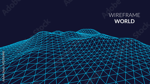 Wireframe Landscape Background. Futuristic Landscape with line Grid. Low Poly 3D Wireframe Mapping. Network Cyber Technology background