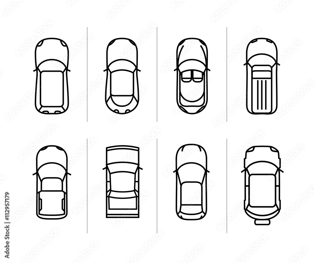 Fototapeta premium Vector set outline cars top view. Vector car icons