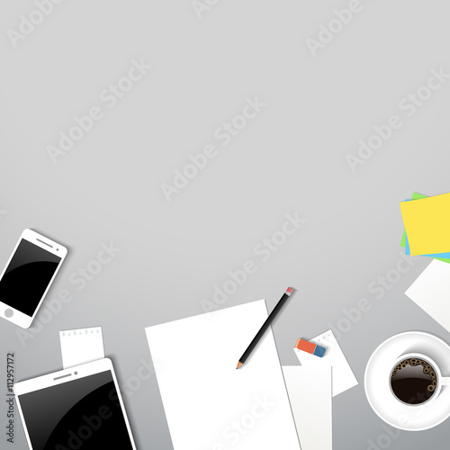 Business workplace top view. Office table with coffee, document, tablet, smartphone