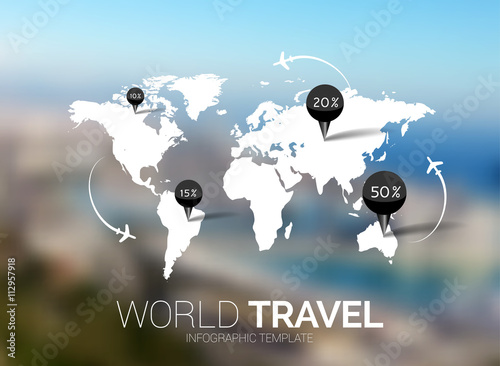 Vector template. World Map on blurred nature background. Points, travel concept. Web, mobile interface template. Corporate website design or background. Backdrop