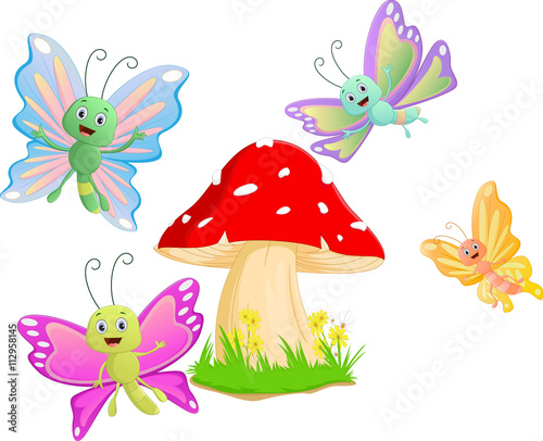 Cute butterfly cartoon with red mushroom