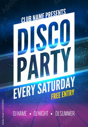 Disco Party Poster Template. Night Dance Party flyer.  Disco party design template on dark colorful background. Disco dance party background.