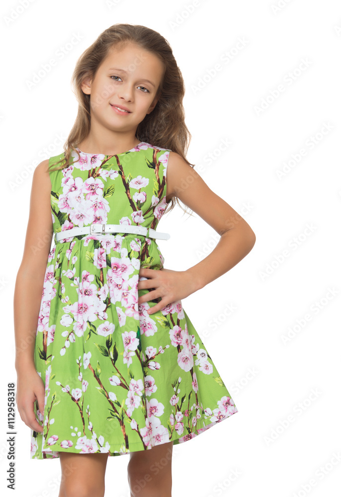 Beautiful girl of school age with her long hair , dressed in a green summer dress. Close-up - Isolated on white background Beautiful girl of school age with her long hair , dressed in a green summer dress. Close-up - Isolated on white background