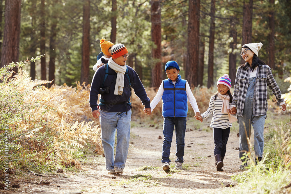 Parents and three children walking in a forest, front view Parents and three children walking in a forest, front view