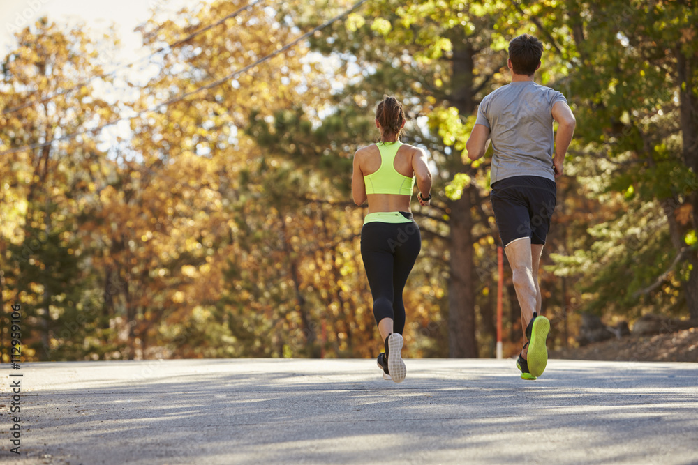 Obraz premium Caucasian woman and man jogging on a country road, back view
