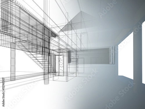 sketch design of interior space ,3d wire frame render