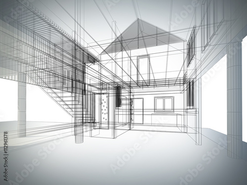 sketch design of interior space ,3d wire frame render