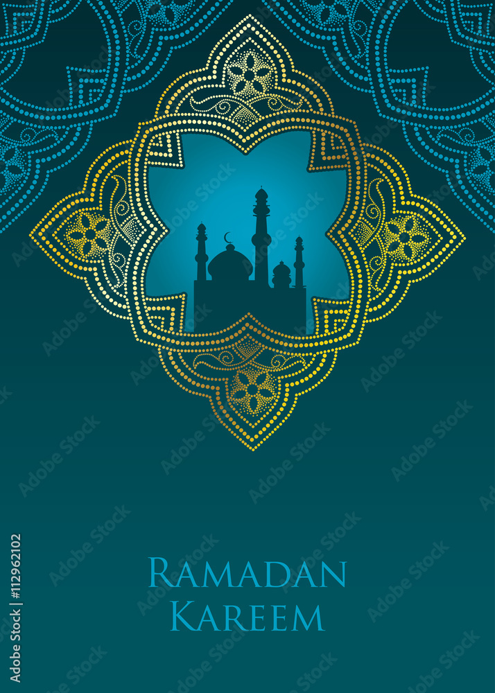 Vector dotted golden arabesque with silhouette of mosque on the background with ornamental corners. Element in Arabic style for Ramadan. Islamic decor in dotwork style. Ramadan Kareem greeting design.