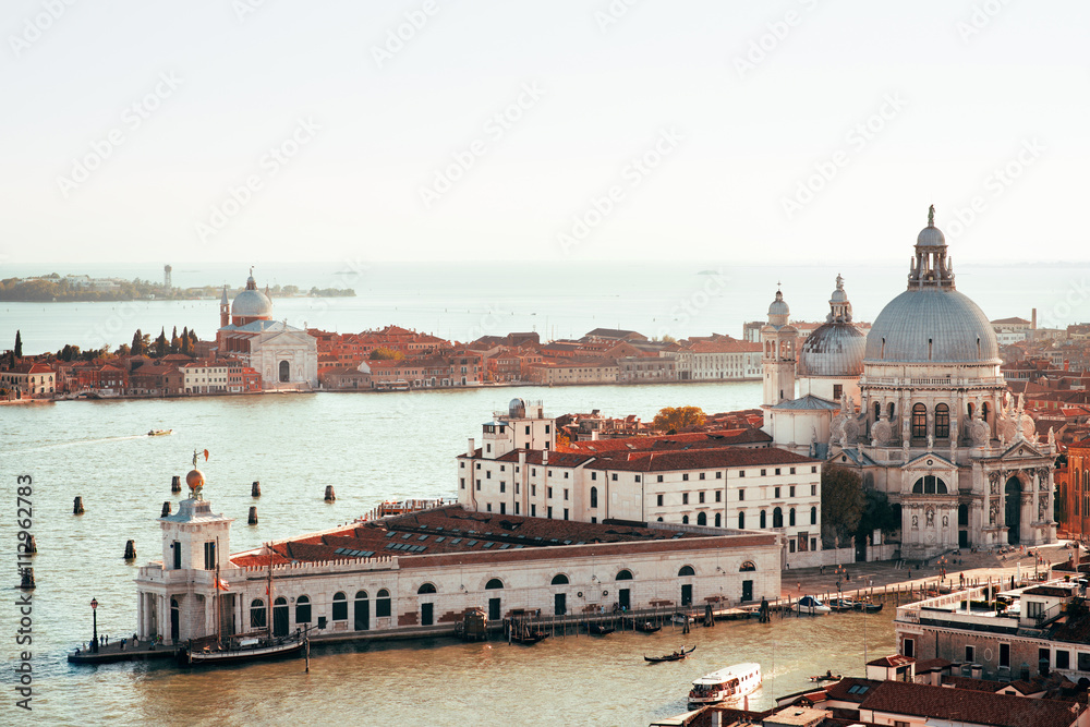 Panoramic aerial cityscape of Venice with Santa Maria della Salute church, Veneto, Italy
