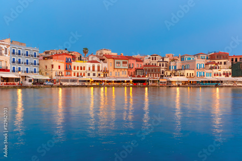 Venetian quay of Chania during twilight blue hour  Crete  Greece