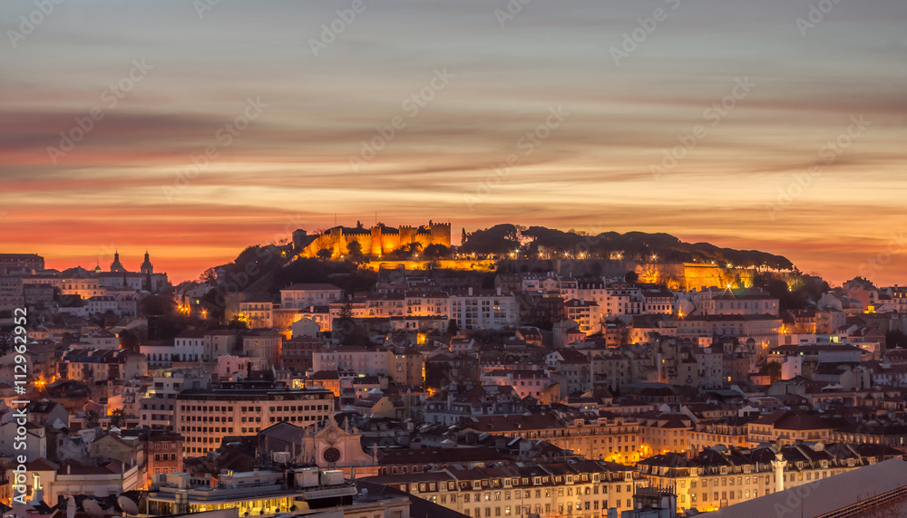 St George castle and old city in the dawn, Lisbon, Portugal